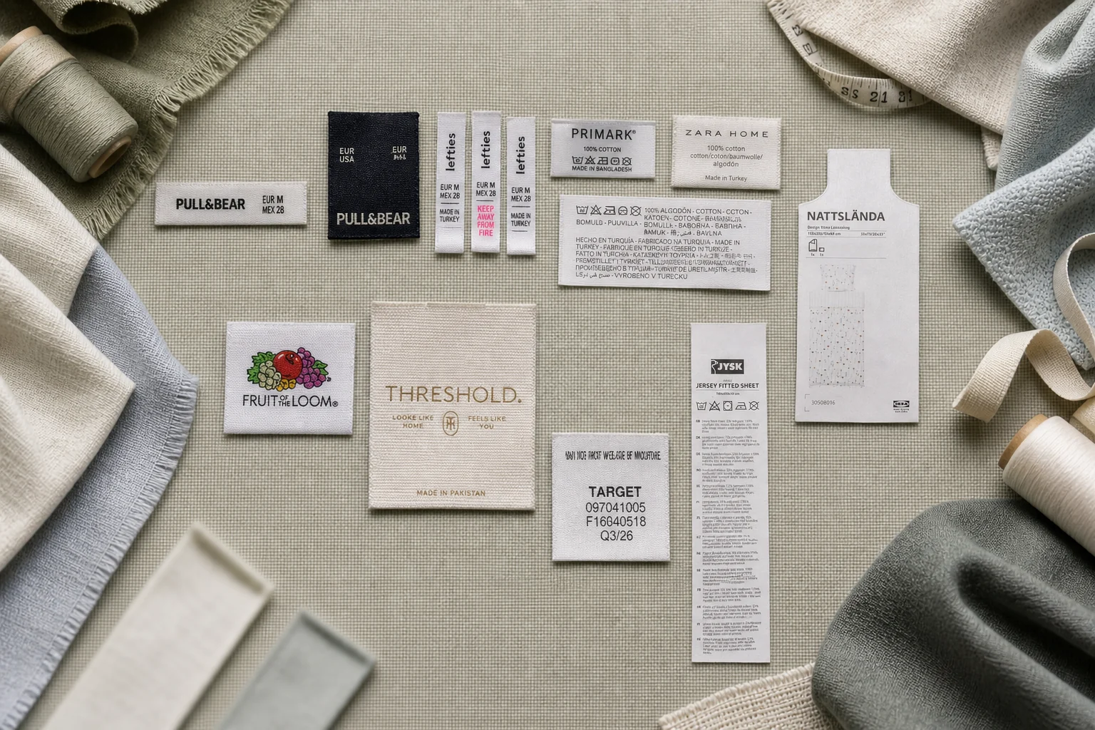 Editorial product photograph of IKEA, JYSK, Lefties, Primark, Pull&Bear, Zara Home, Target and Threshold textile labels