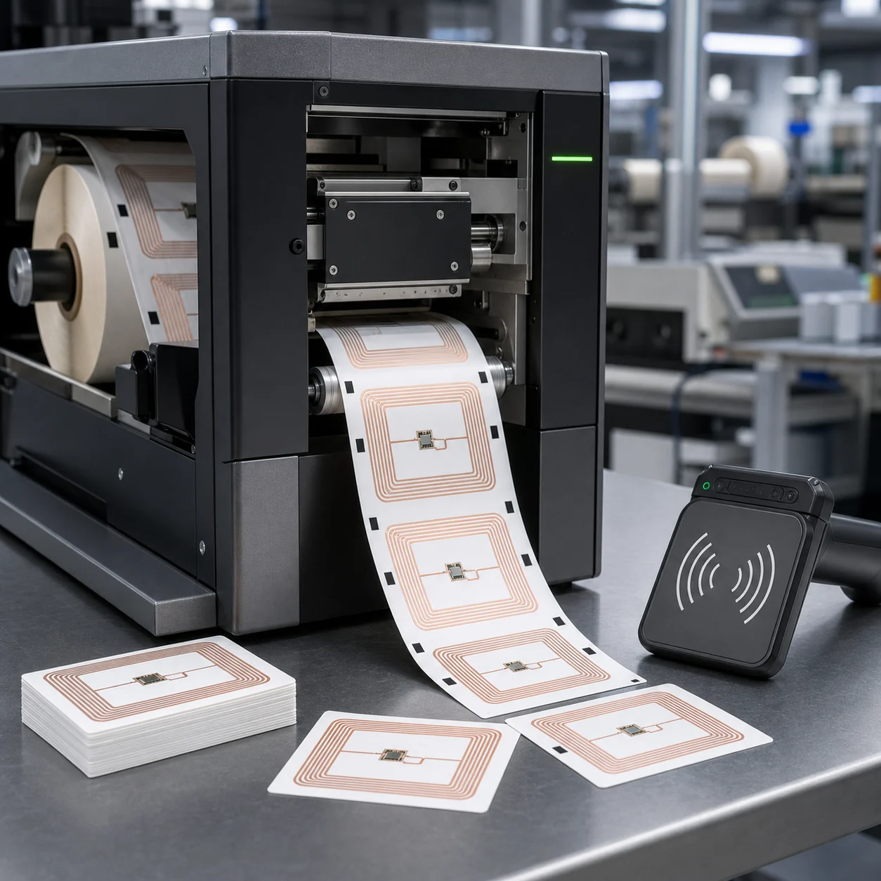 RFID print-and-encode machine producing labels with visible antenna inlays