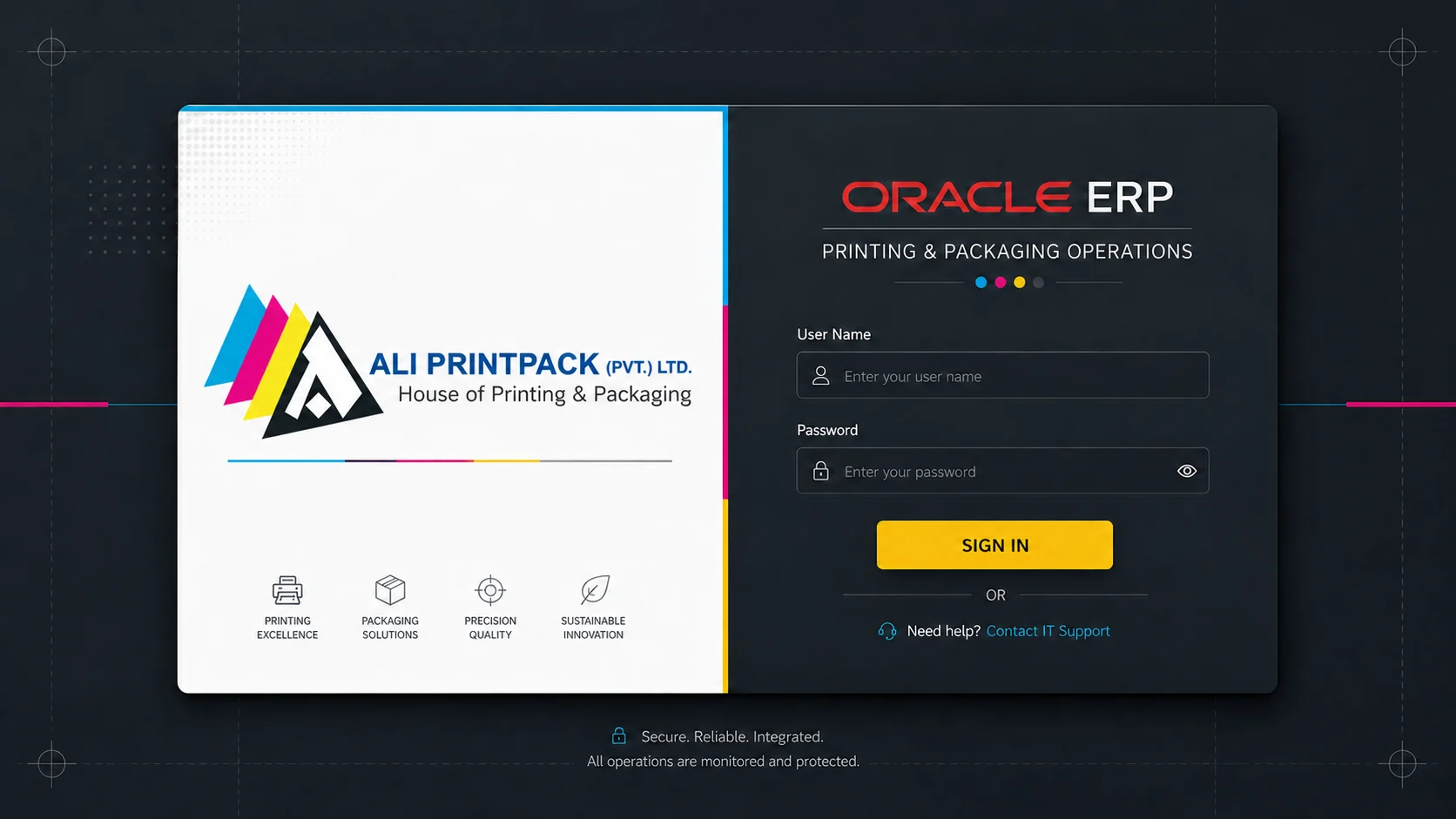 Ali PrintPack Oracle ERP login interface